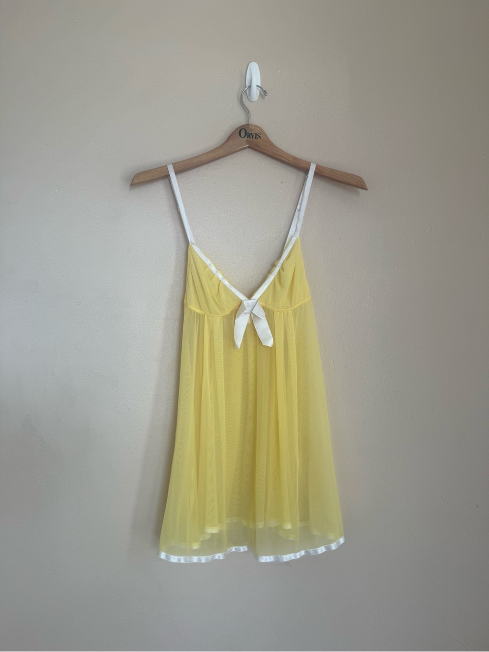 Victoria’s Secret Yellow Mesh Babydoll Chemise with White Trim